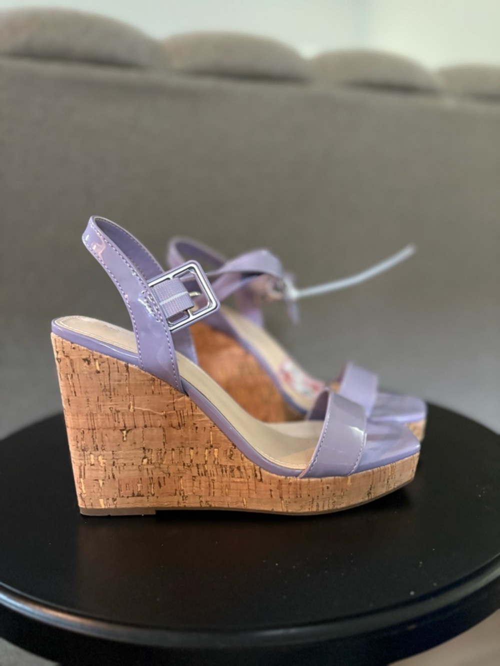 Marc Fisher Lilac Patent Leather Cork Wedge Sandals